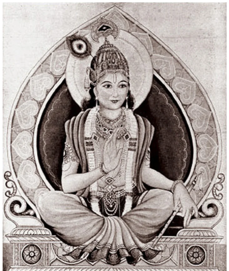 Ilustración artística de Bhagavan Krishna sentado en postura de loto.