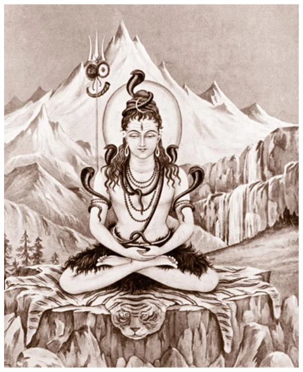 Ilustración del Señor Shiva en postura de loto meditando en las montañas del Himalaya.
