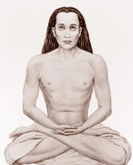 Dibujo de Babaji con cabello largo oscuro sentado en postura de loto.